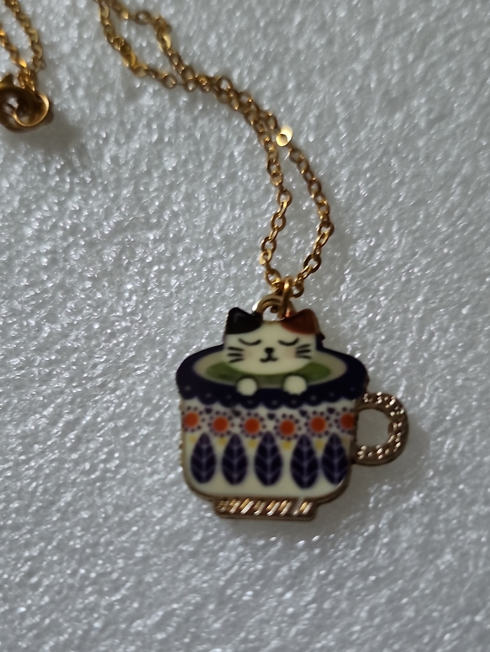 Hand Crafted Gold Tone Cat-in-Teacup Enamel Necklace with Navy and Green Accents